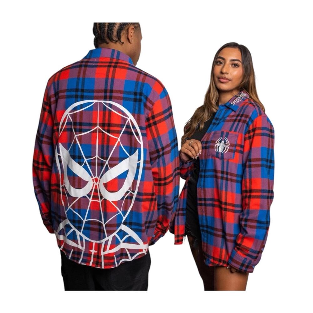 Marvel Cakeworthy Spider-Man Plaid Flannel Button-Down Shirt Unisex Size XS